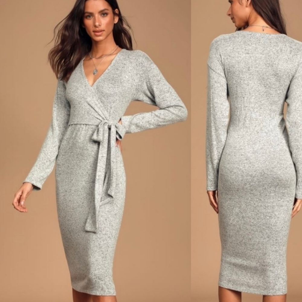 Lulu's Silver Long Sleeve V-Neck Sweater Dress